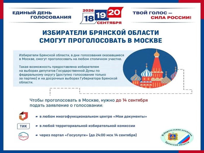 Избиратели Брянской области, в дни голосования оказавшиеся в Москве, смогут проголосовать на любом столичном участке.